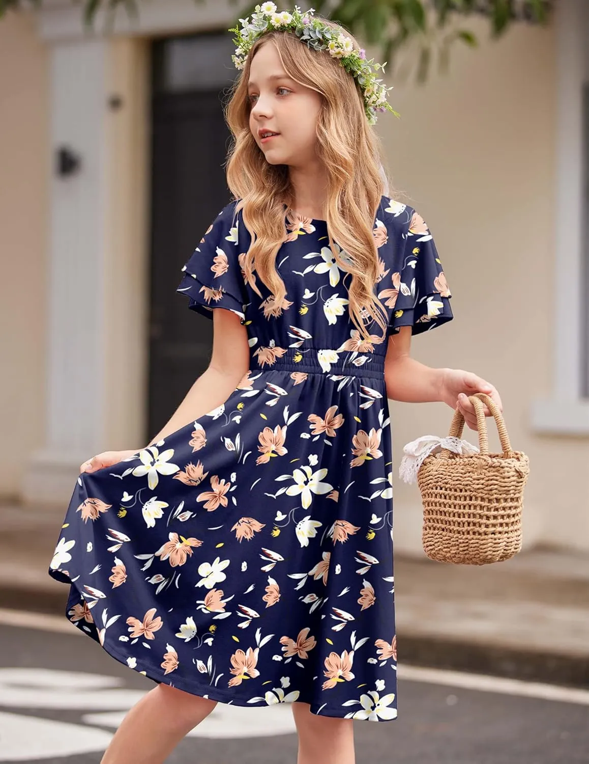 Arshiner Girl's Casual Dress Summer Scoop Neck Short Sleeve Flowy Print and Plain Sundress for Kids 4-14Y