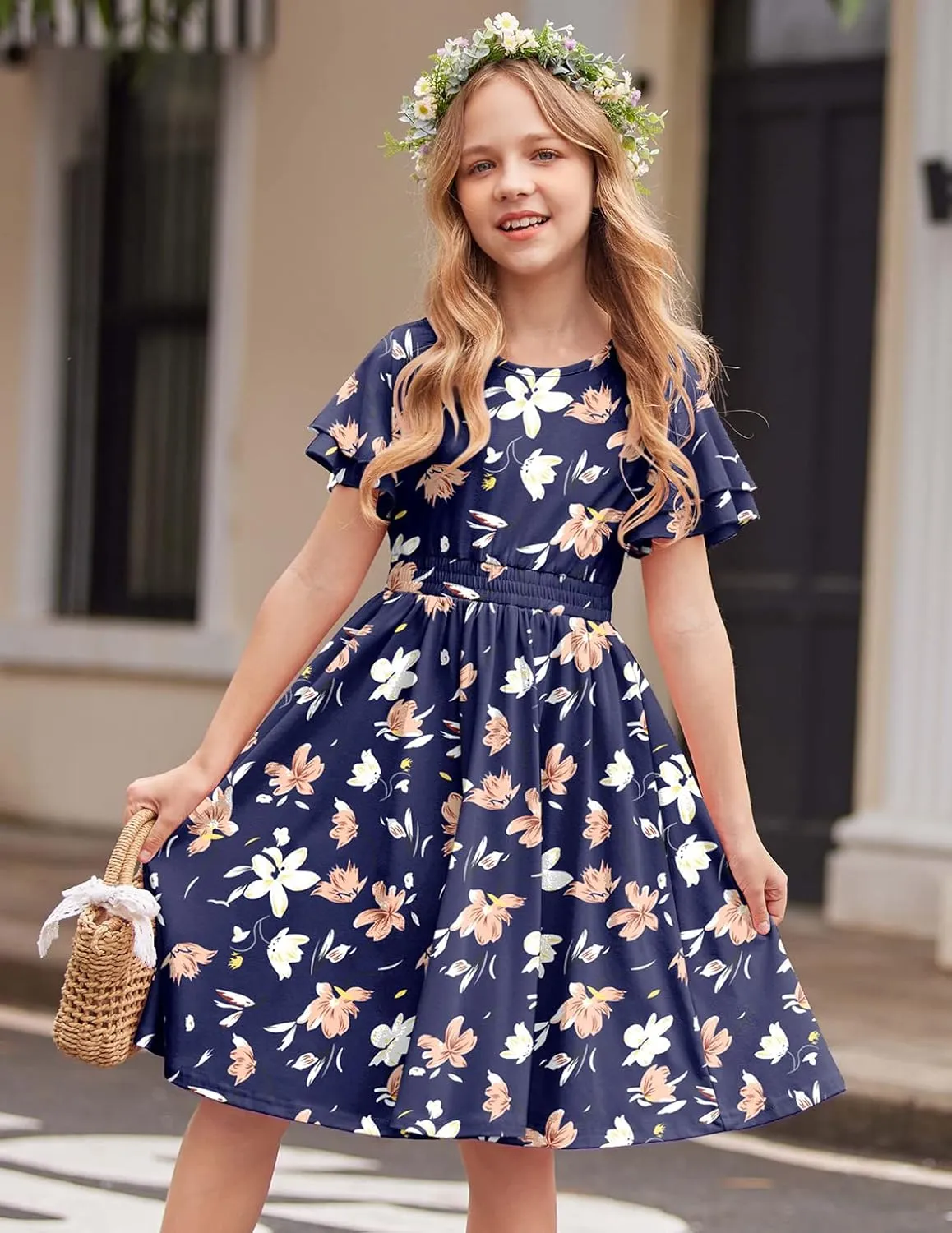 Arshiner Girl's Casual Dress Summer Scoop Neck Short Sleeve Flowy Print and Plain Sundress for Kids 4-14Y