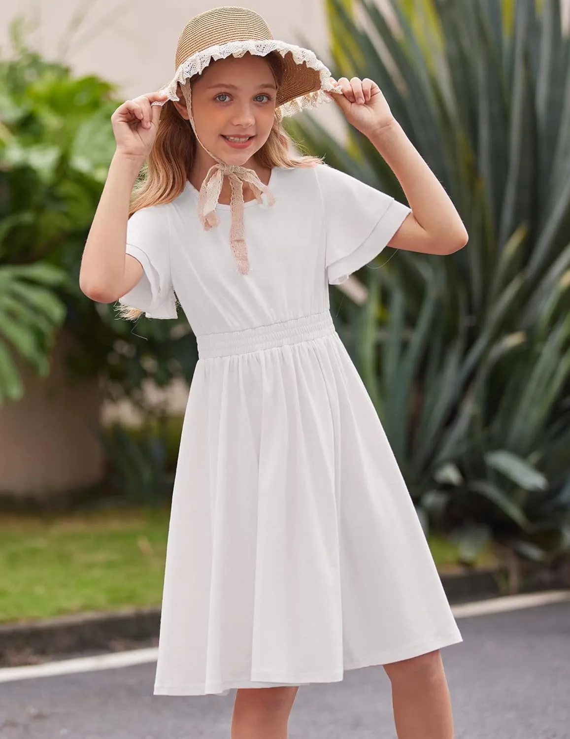 Arshiner Girl's Casual Dress Summer Scoop Neck Short Sleeve Flowy Print and Plain Sundress for Kids 4-14Y