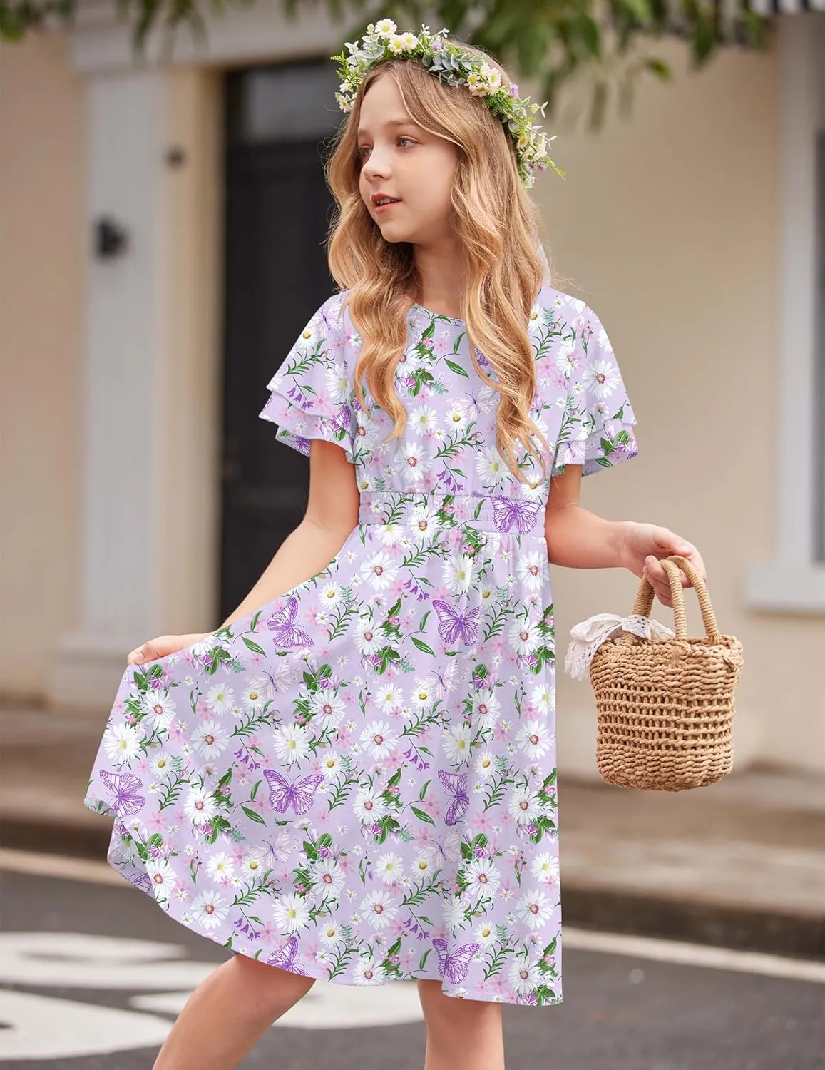 Arshiner Girl's Casual Dress Summer Scoop Neck Short Sleeve Flowy Print and Plain Sundress for Kids 4-14Y