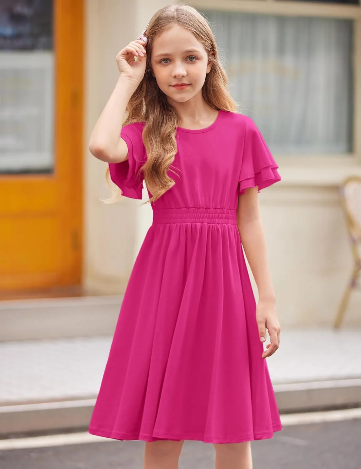Arshiner Girl's Casual Dress Summer Scoop Neck Short Sleeve Flowy Print and Plain Sundress for Kids 4-14Y