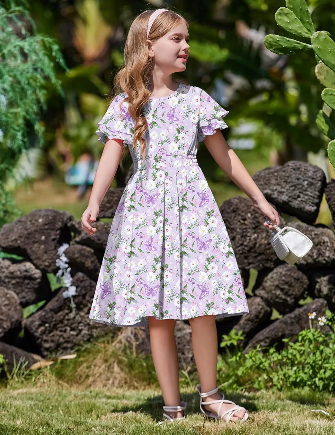 Arshiner Girl's Casual Dress Summer Scoop Neck Short Sleeve Flowy Print and Plain Sundress for Kids 4-14Y