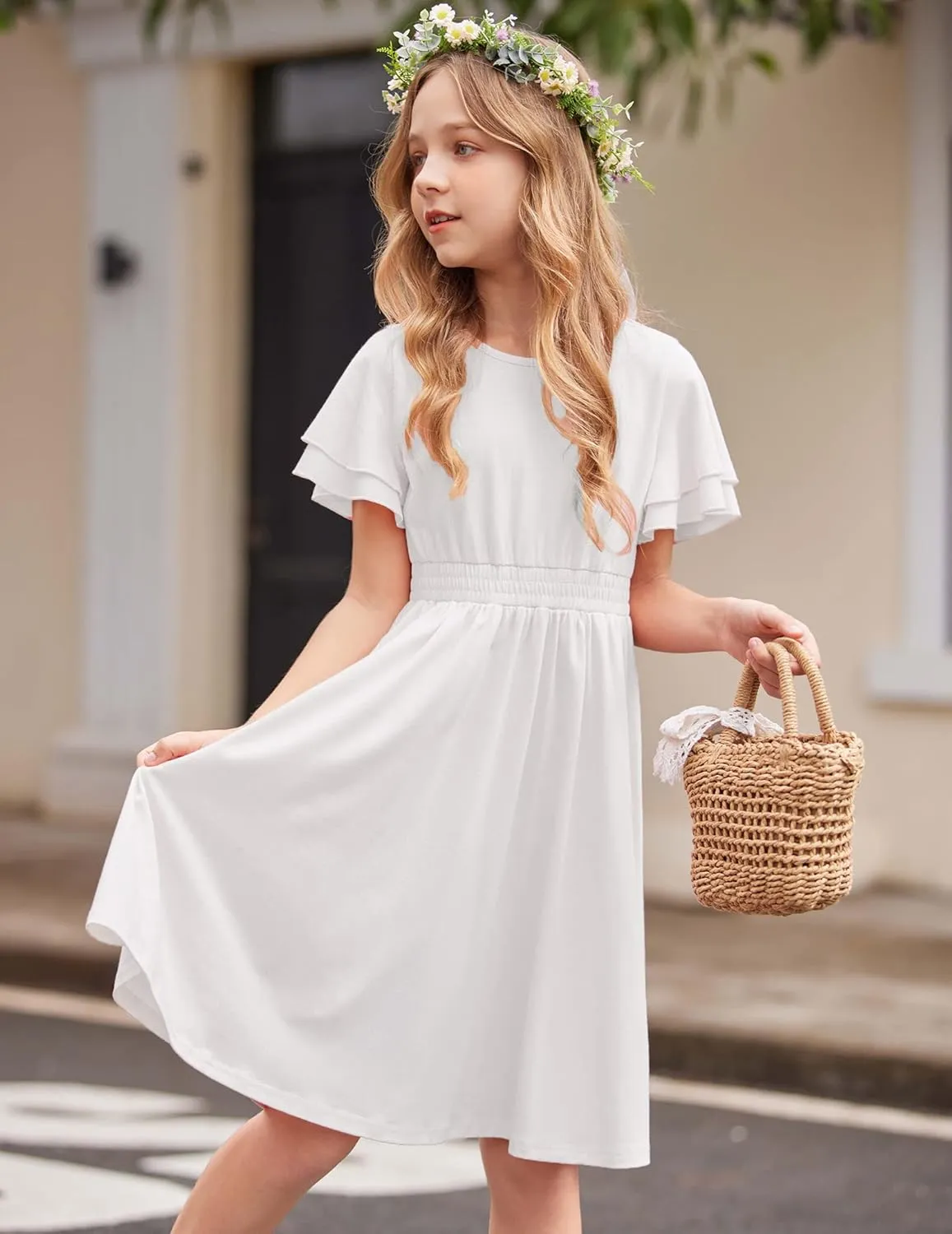 Arshiner Girl's Casual Dress Summer Scoop Neck Short Sleeve Flowy Print and Plain Sundress for Kids 4-14Y