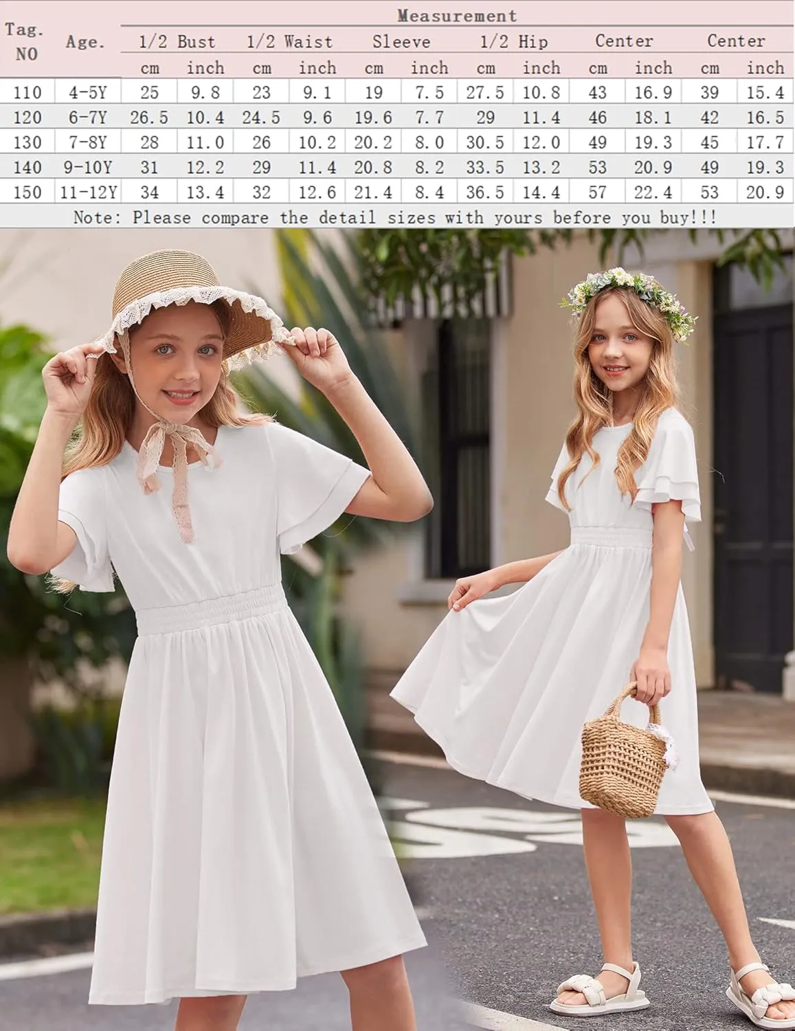 Arshiner Girl's Casual Dress Summer Scoop Neck Short Sleeve Flowy Print and Plain Sundress for Kids 4-14Y