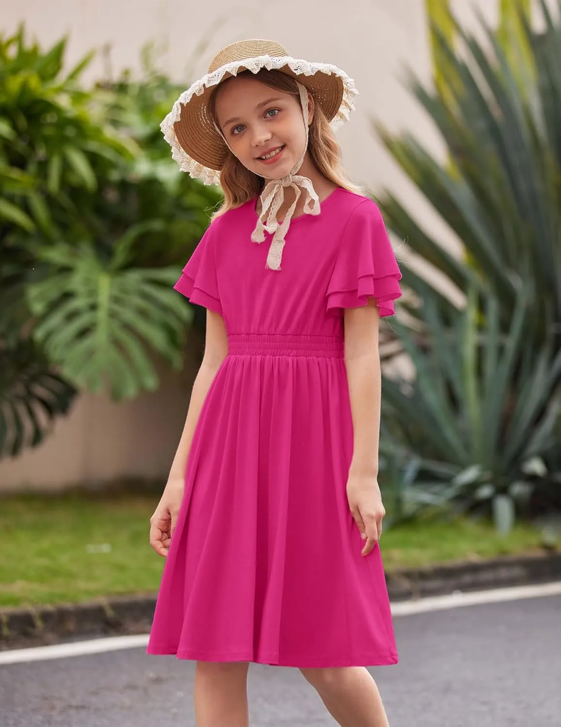 Arshiner Girl's Casual Dress Summer Scoop Neck Short Sleeve Flowy Print and Plain Sundress for Kids 4-14Y