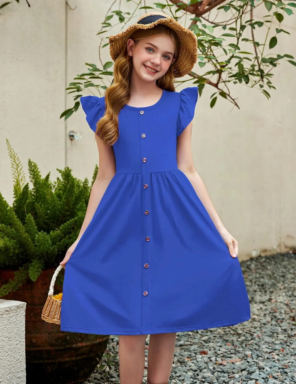 Arshiner Girls Dress Flutter Sleeve A-Line Button Down Sundress Casual Midi Dresses for 4-12 Years Kids