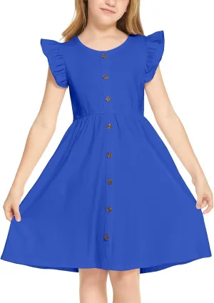 Arshiner Girls Dress Flutter Sleeve A-Line Button Down Sundress Casual Midi Dresses for 4-12 Years Kids