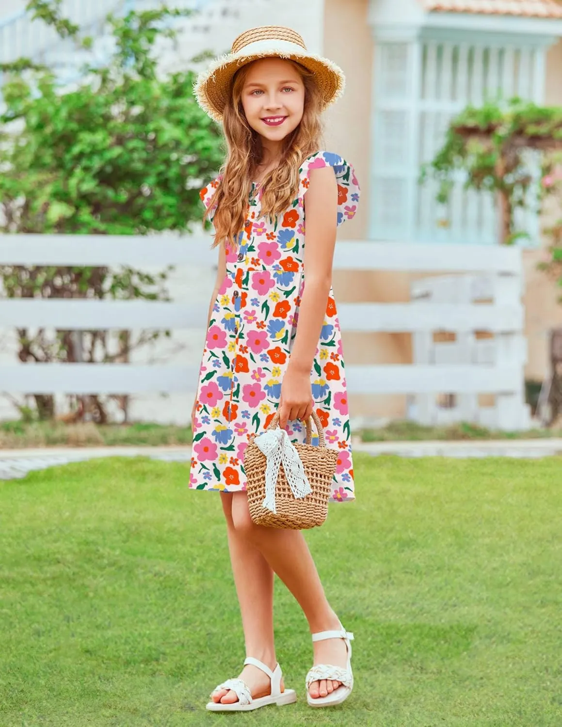 Arshiner Girls Dress Flutter Sleeve A-Line Button Down Sundress Casual Midi Dresses for 4-12 Years Kids