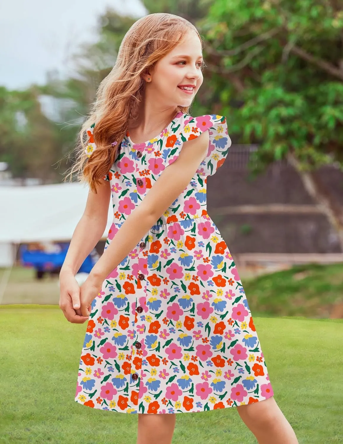 Arshiner Girls Dress Flutter Sleeve A-Line Button Down Sundress Casual Midi Dresses for 4-12 Years Kids