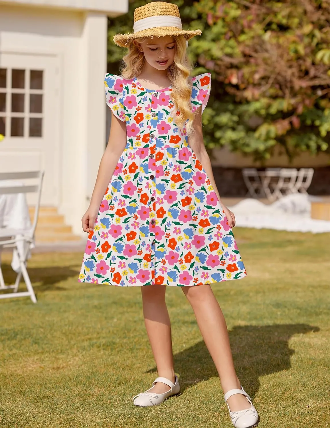 Arshiner Girls Dress Flutter Sleeve A-Line Button Down Sundress Casual Midi Dresses for 4-12 Years Kids
