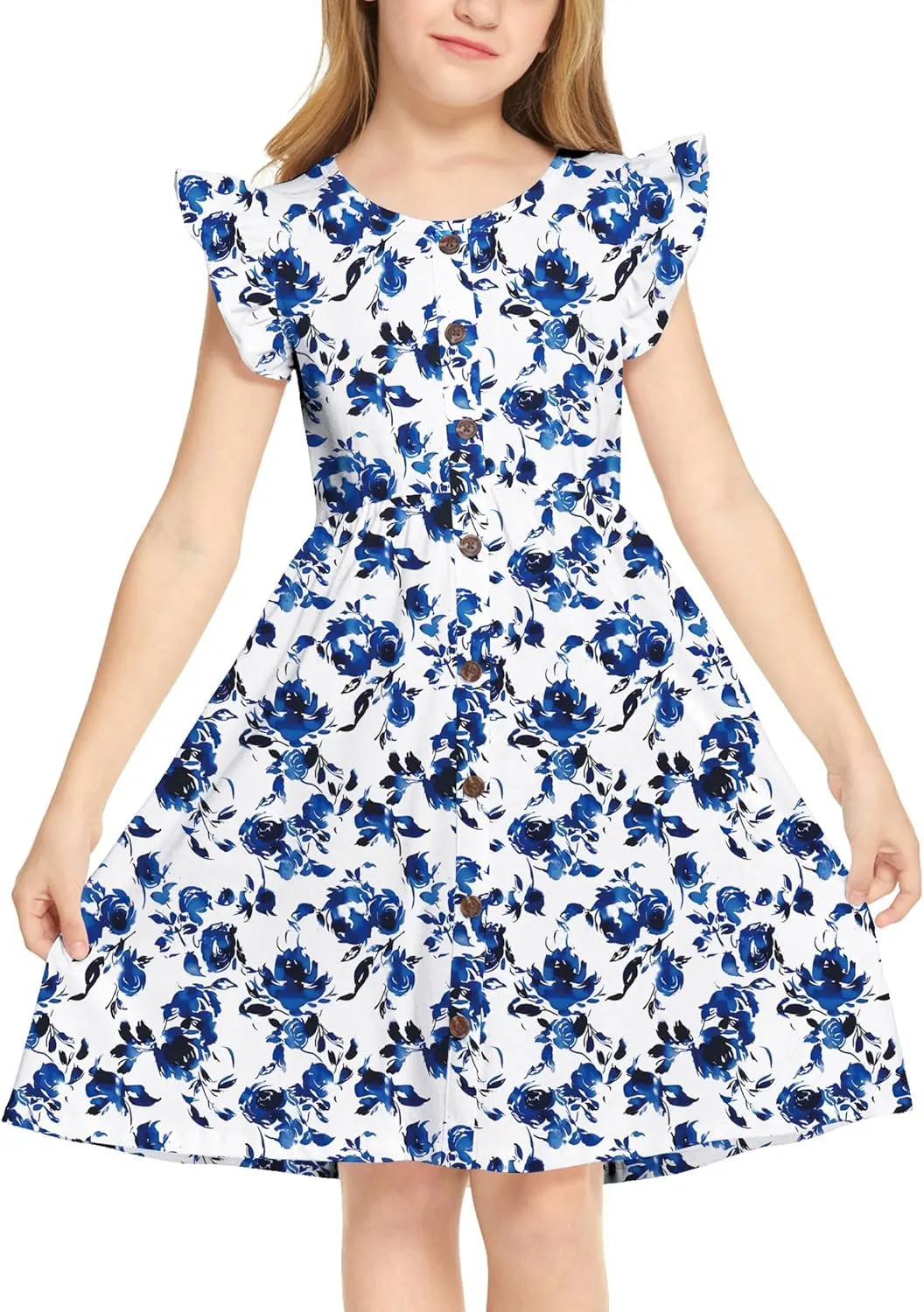 Arshiner Girls Dress Flutter Sleeve A-Line Button Down Sundress Casual Midi Dresses for 4-12 Years Kids