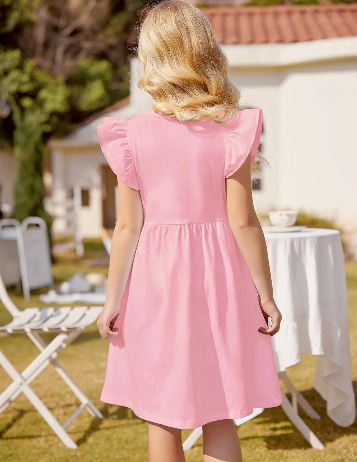 Arshiner Girls Dress Flutter Sleeve A-Line Button Down Sundress Casual Midi Dresses for 4-12 Years Kids