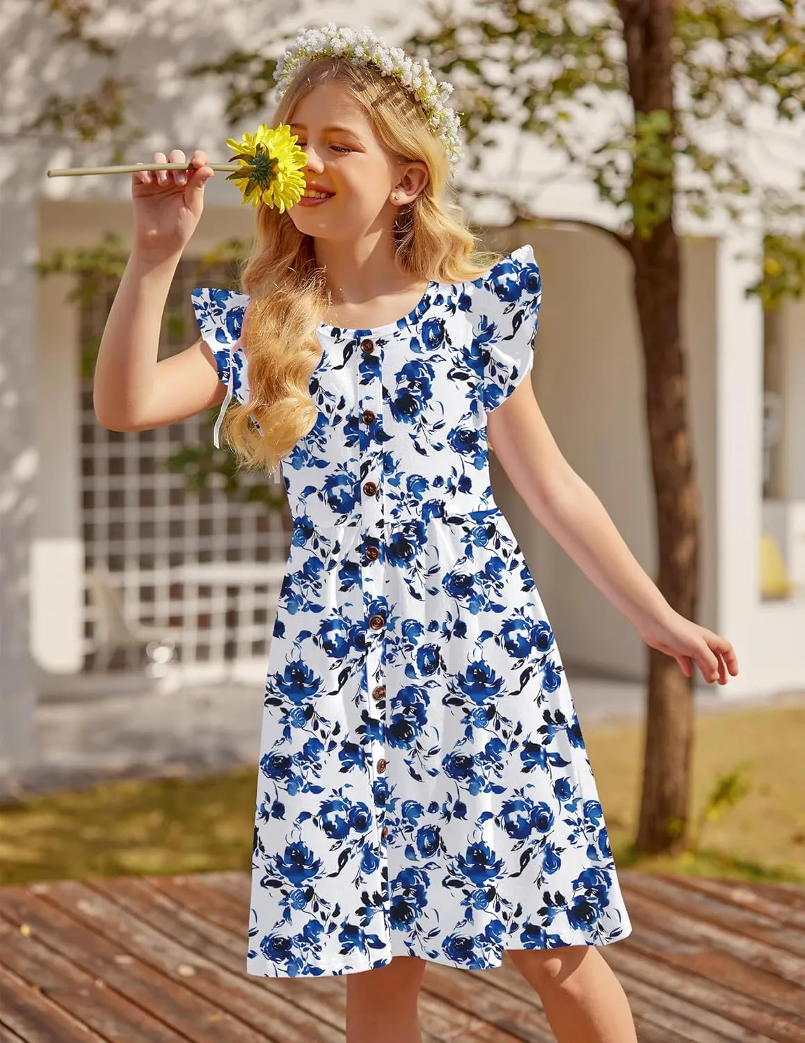 Arshiner Girls Dress Flutter Sleeve A-Line Button Down Sundress Casual Midi Dresses for 4-12 Years Kids
