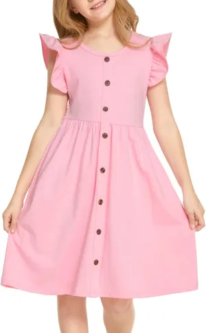 Arshiner Girls Dress Flutter Sleeve A-Line Button Down Sundress Casual Midi Dresses for 4-12 Years Kids
