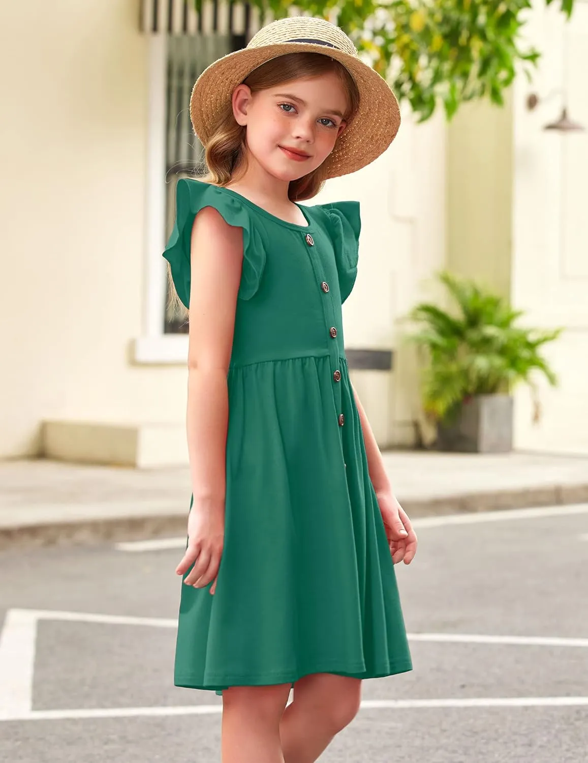 Arshiner Girls Dress Flutter Sleeve A-Line Button Down Sundress Casual Midi Dresses for 4-12 Years Kids