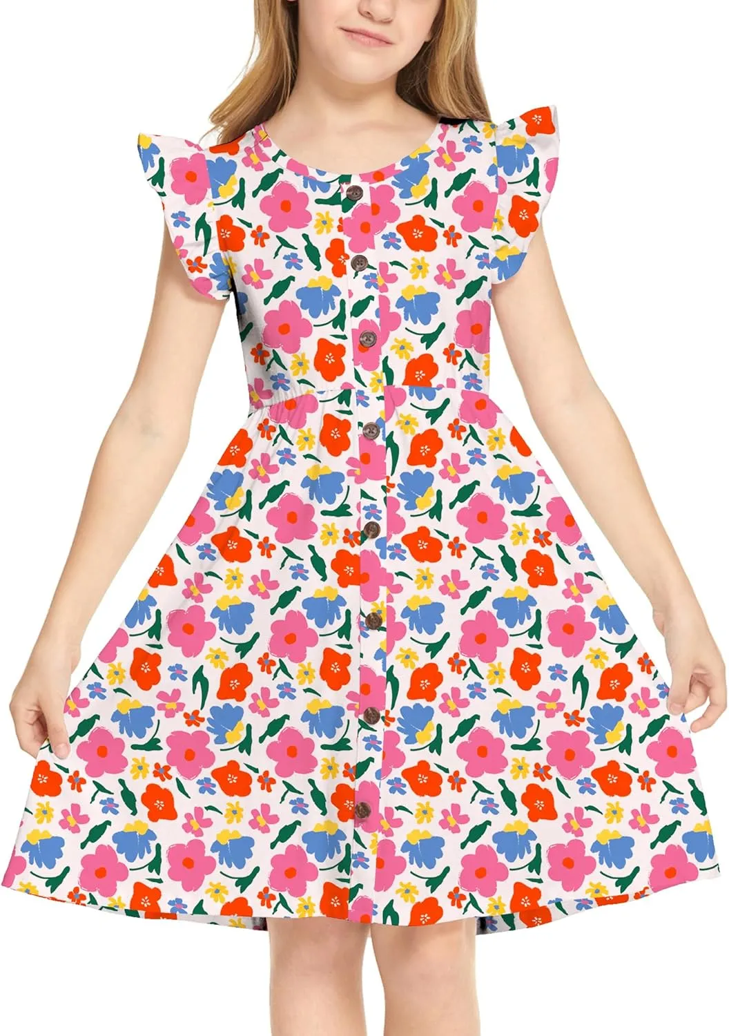 Arshiner Girls Dress Flutter Sleeve A-Line Button Down Sundress Casual Midi Dresses for 4-12 Years Kids