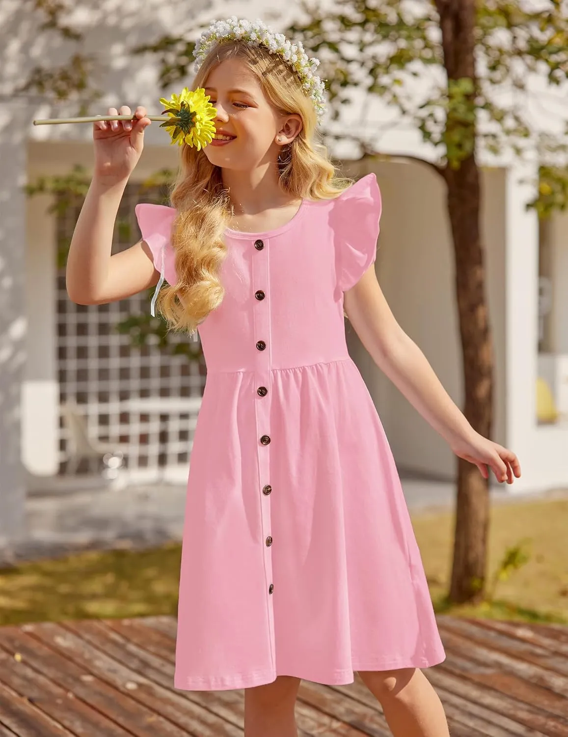 Arshiner Girls Dress Flutter Sleeve A-Line Button Down Sundress Casual Midi Dresses for 4-12 Years Kids