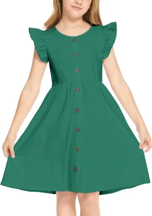 Arshiner Girls Dress Flutter Sleeve A-Line Button Down Sundress Casual Midi Dresses for 4-12 Years Kids