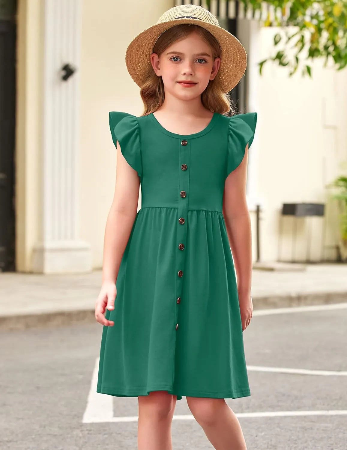 Arshiner Girls Dress Flutter Sleeve A-Line Button Down Sundress Casual Midi Dresses for 4-12 Years Kids