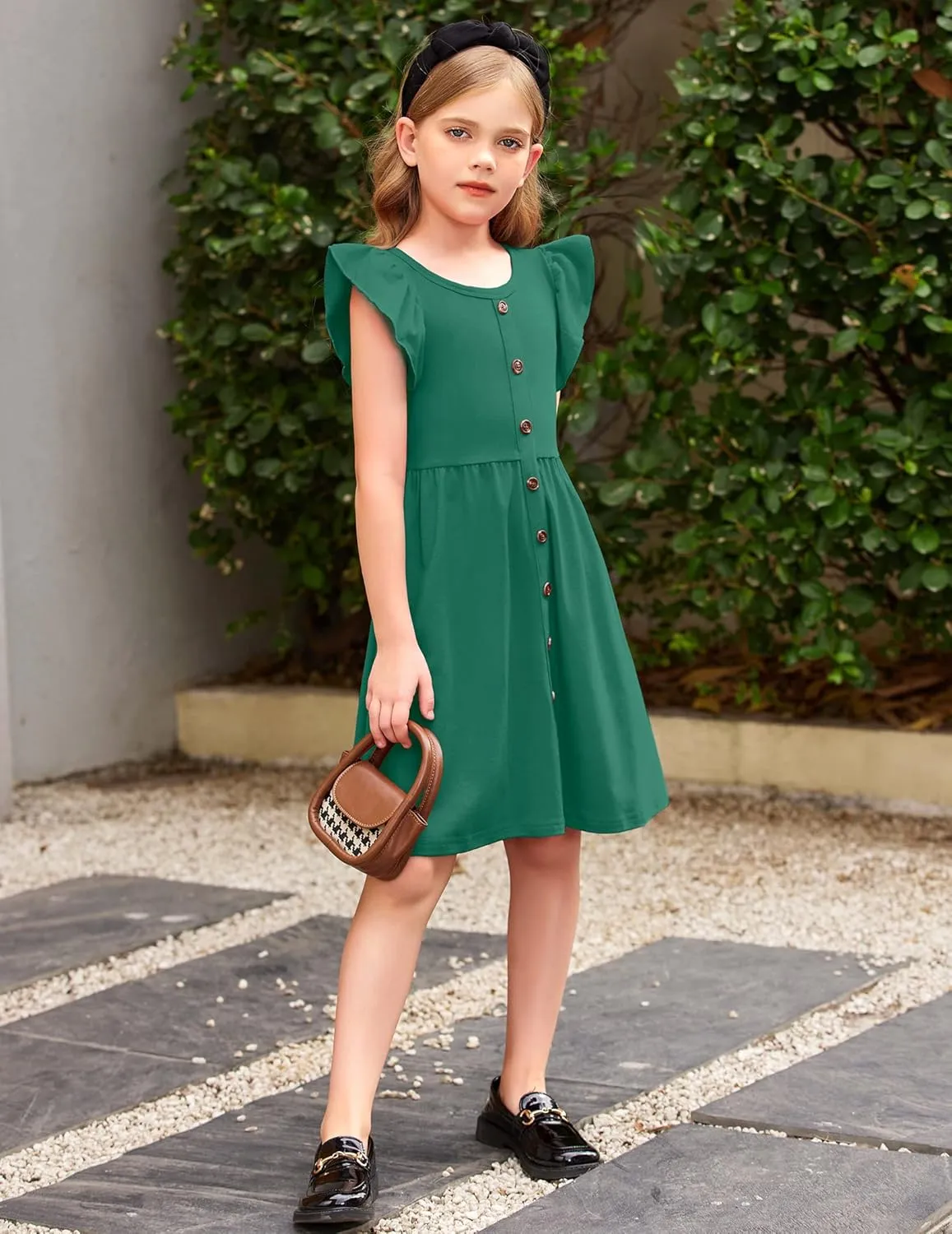 Arshiner Girls Dress Flutter Sleeve A-Line Button Down Sundress Casual Midi Dresses for 4-12 Years Kids