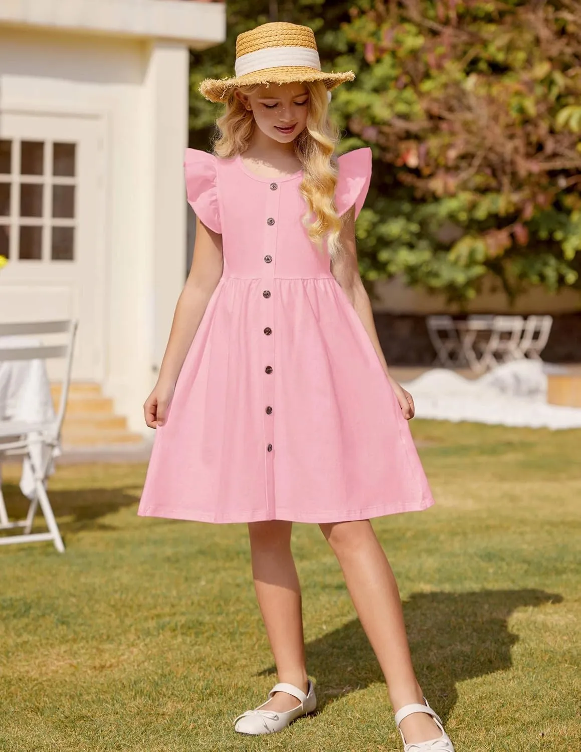 Arshiner Girls Dress Flutter Sleeve A-Line Button Down Sundress Casual Midi Dresses for 4-12 Years Kids
