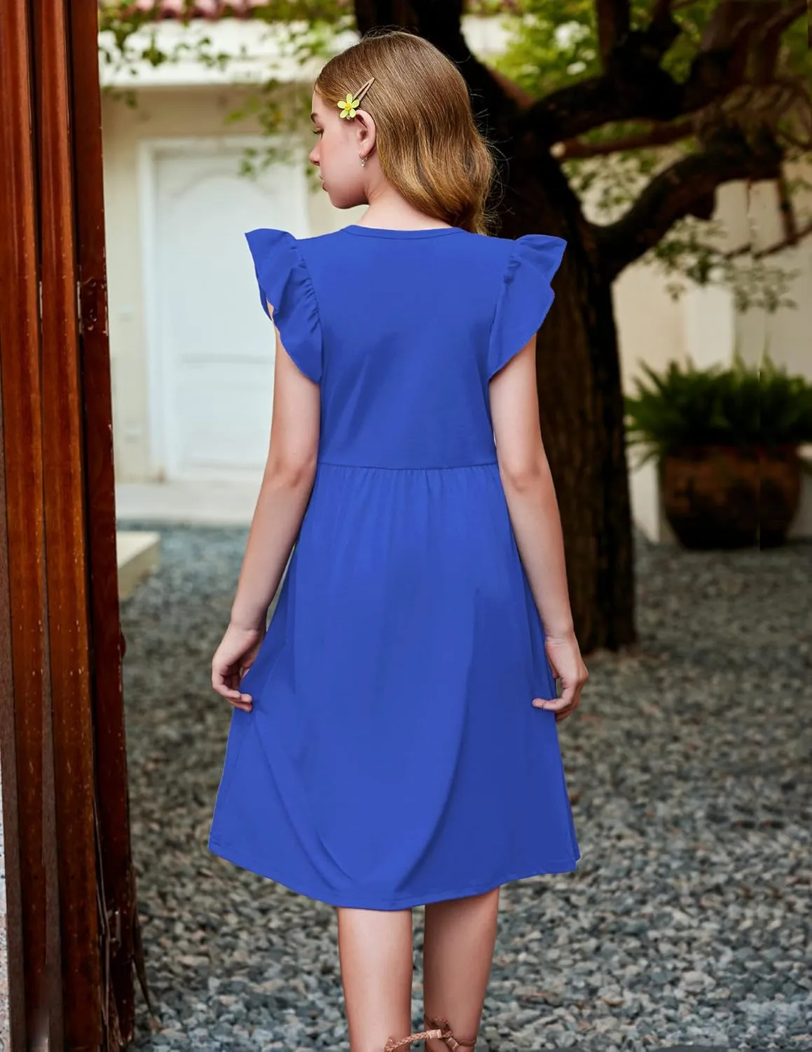 Arshiner Girls Dress Flutter Sleeve A-Line Button Down Sundress Casual Midi Dresses for 4-12 Years Kids
