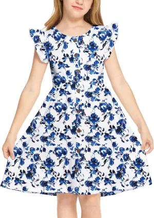 Arshiner Girls Dress Flutter Sleeve A-Line Button Down Sundress Casual Midi Dresses for 4-12 Years Kids