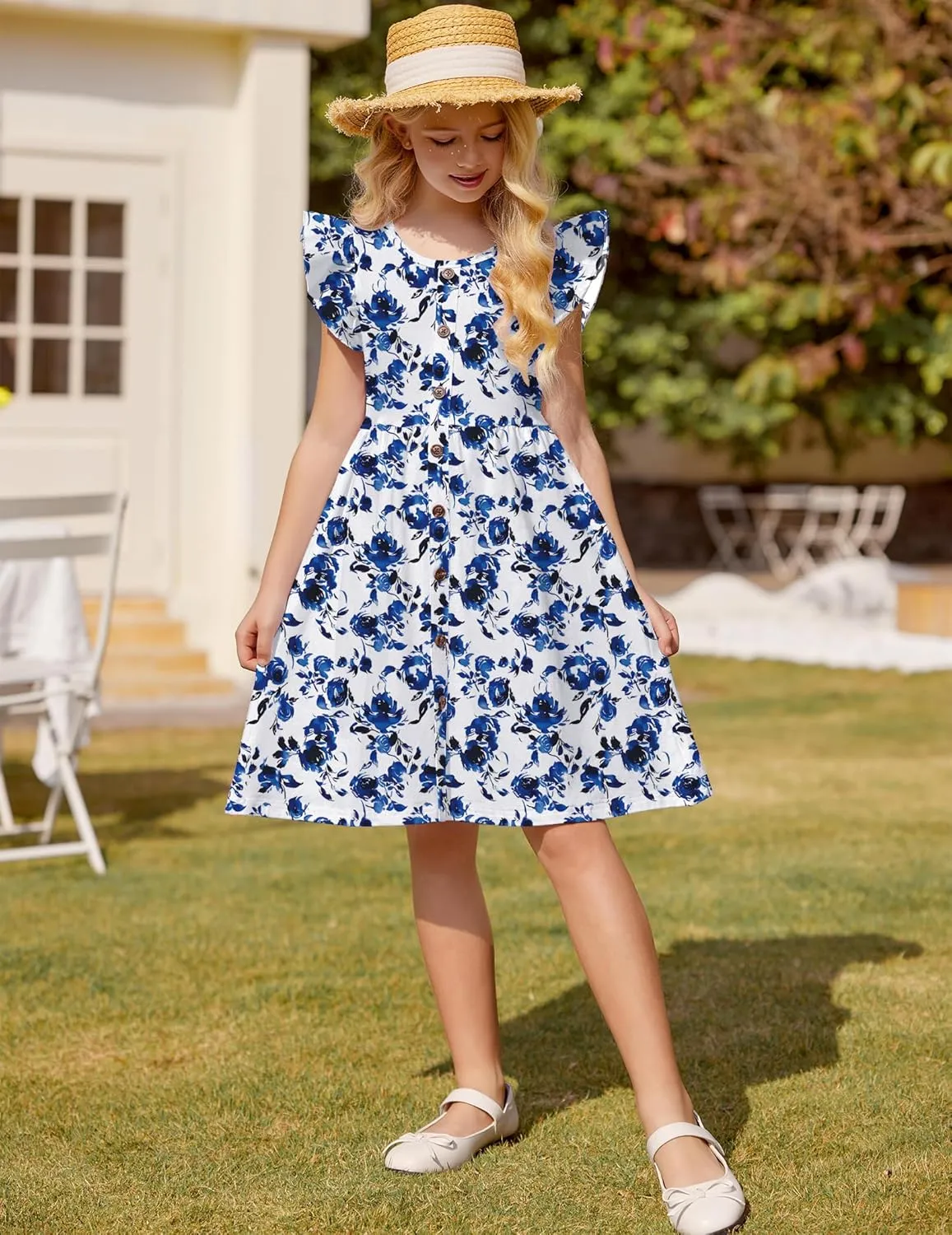 Arshiner Girls Dress Flutter Sleeve A-Line Button Down Sundress Casual Midi Dresses for 4-12 Years Kids