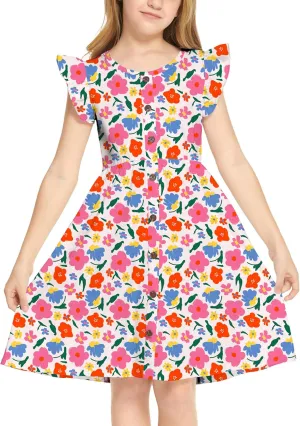 Arshiner Girls Dress Flutter Sleeve A-Line Button Down Sundress Casual Midi Dresses for 4-12 Years Kids