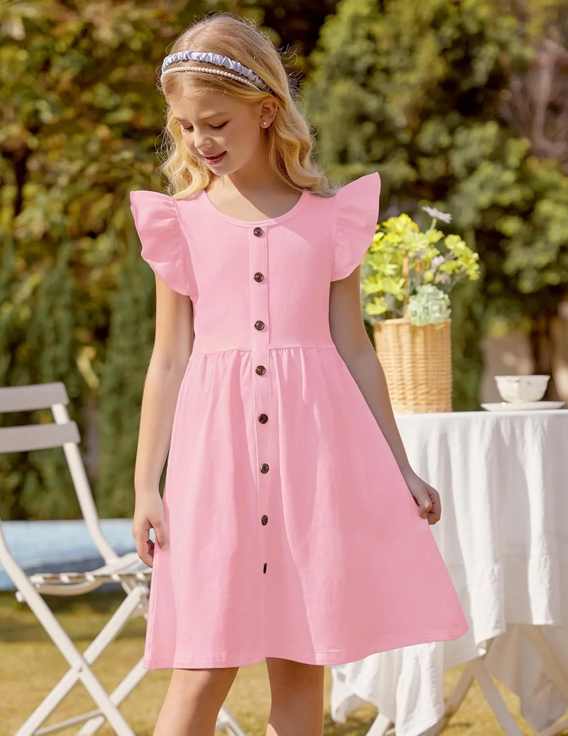 Arshiner Girls Dress Flutter Sleeve A-Line Button Down Sundress Casual Midi Dresses for 4-12 Years Kids