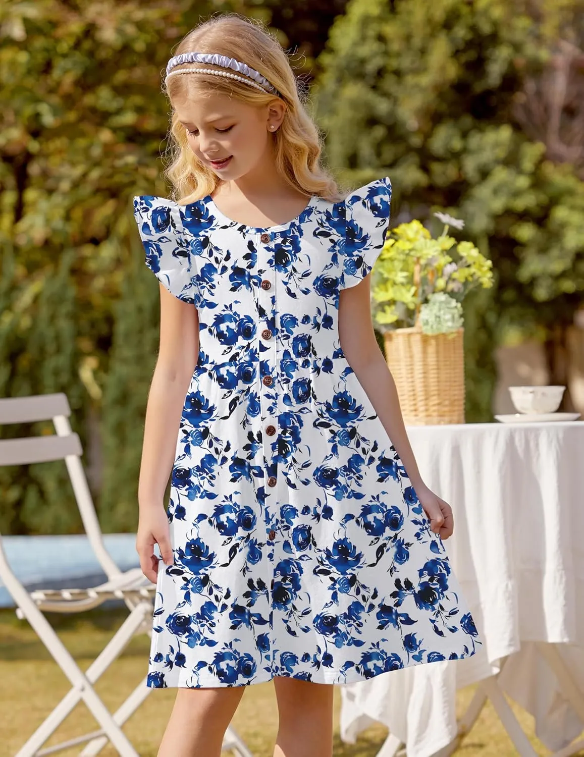 Arshiner Girls Dress Flutter Sleeve A-Line Button Down Sundress Casual Midi Dresses for 4-12 Years Kids