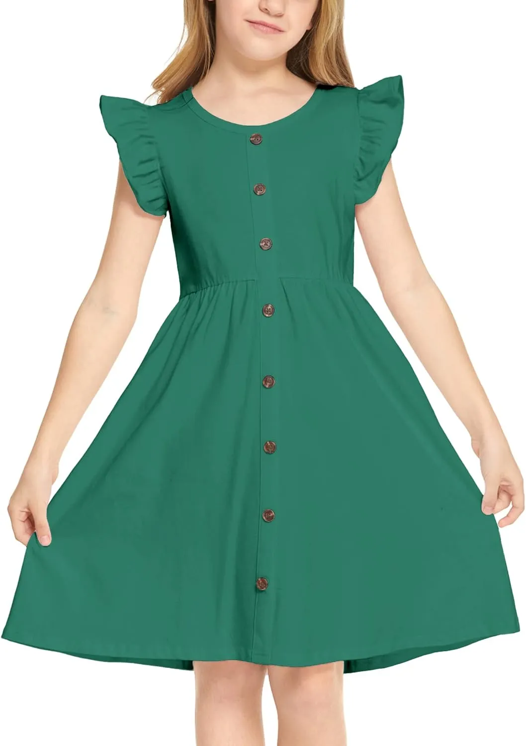 Arshiner Girls Dress Flutter Sleeve A-Line Button Down Sundress Casual Midi Dresses for 4-12 Years Kids