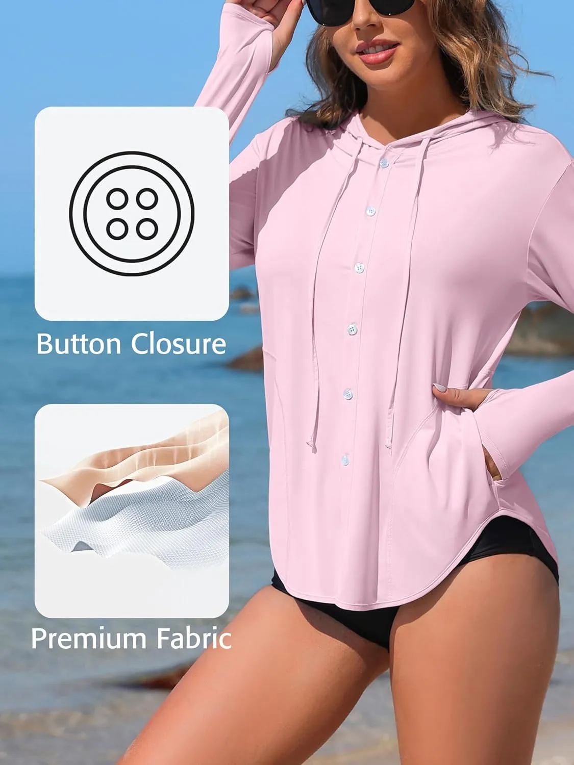 ATTRACO Rash Guard for Women UPF 50  Sun Protection Clothing Button Down SPF Hoodie Beach Shirts