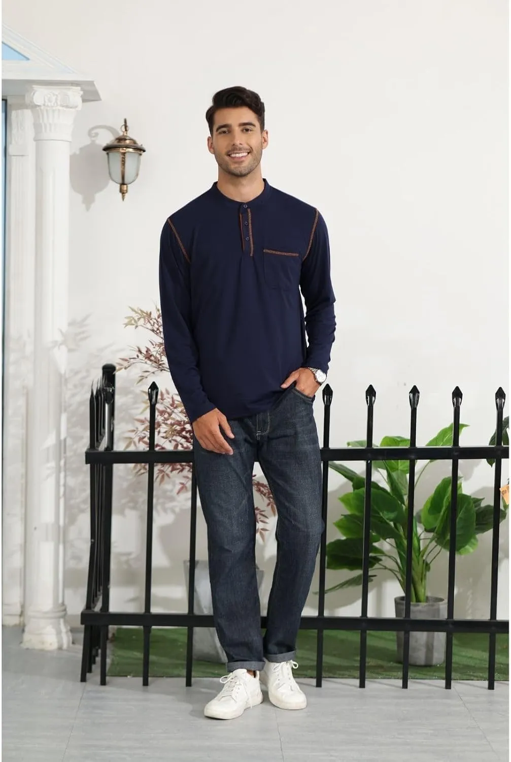 Aulemen Men's Henley Shirts Long Sleeve Casual Lightweight Slim Fit Basic Button Henley T-Shirt with Pocket