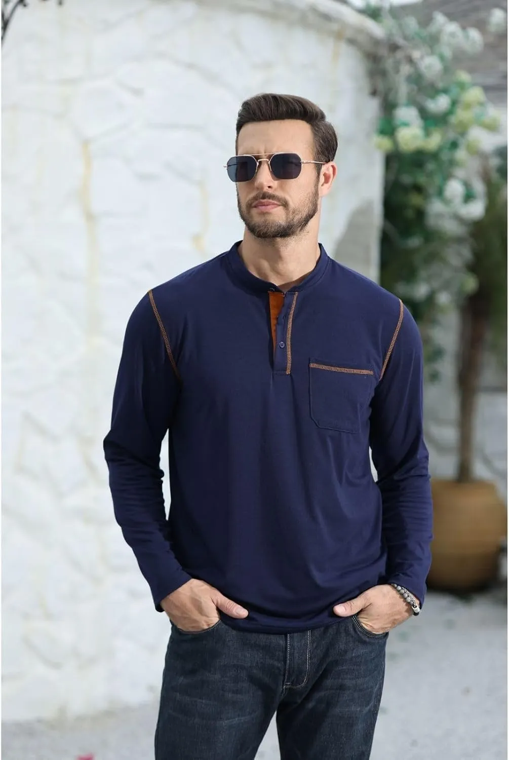 Aulemen Men's Henley Shirts Long Sleeve Casual Lightweight Slim Fit Basic Button Henley T-Shirt with Pocket
