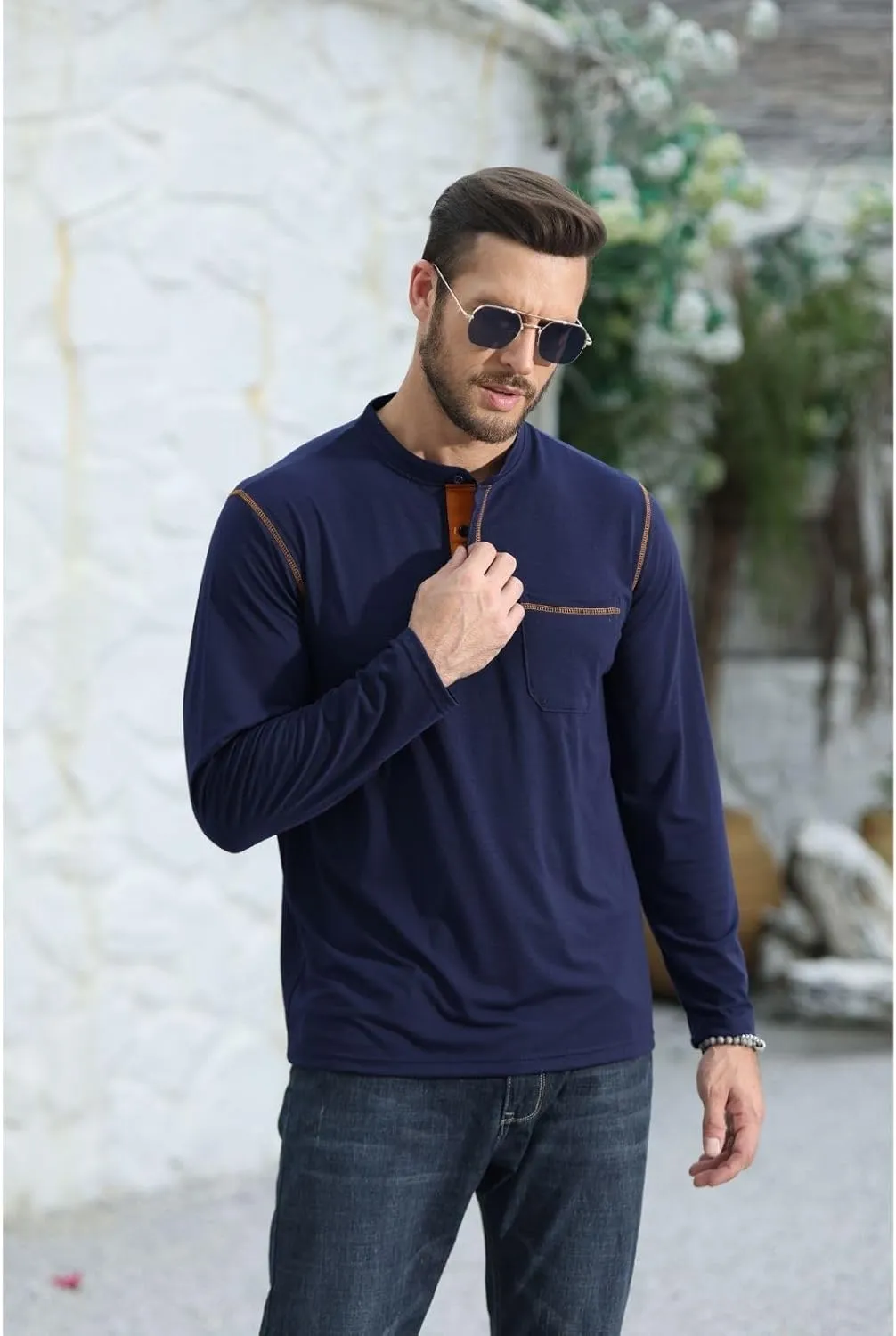 Aulemen Men's Henley Shirts Long Sleeve Casual Lightweight Slim Fit Basic Button Henley T-Shirt with Pocket