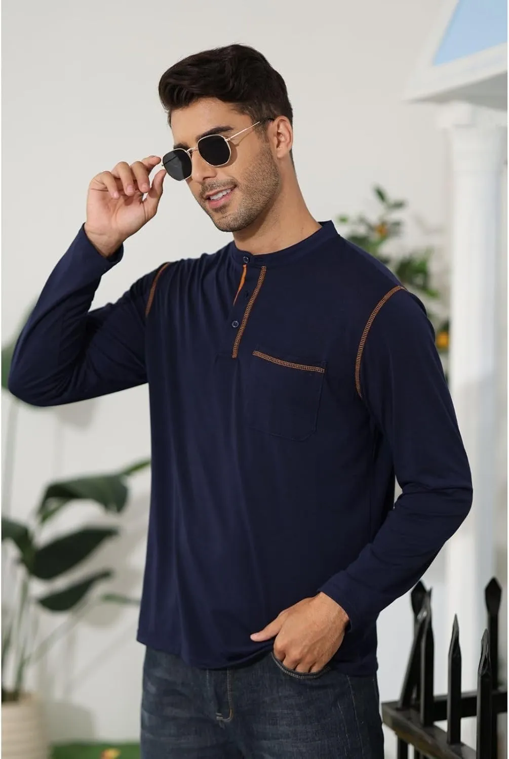 Aulemen Men's Henley Shirts Long Sleeve Casual Lightweight Slim Fit Basic Button Henley T-Shirt with Pocket
