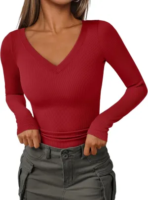 AUTOMET Womens Long Sleeve Shirts Fall Outfits Fashion Tops V Neck Ribbed Basic Casual Clothes Winter Underscrub