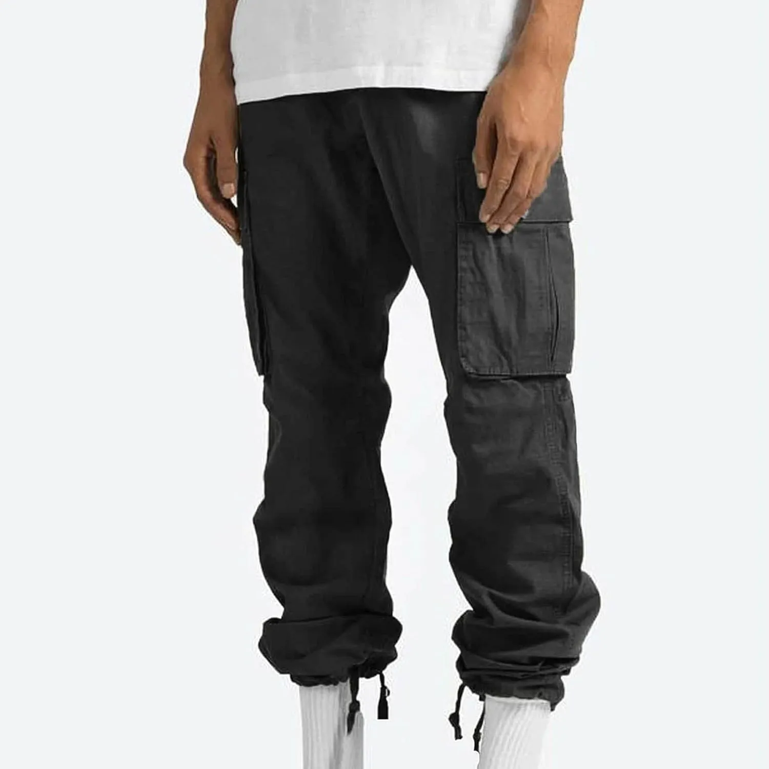 Aymnlox Cargo Pants for Men Baggy Big and Tall Linen Drawstring Sweatpants Casual Hiking Jogger Athletic Straight Pant Pocket
