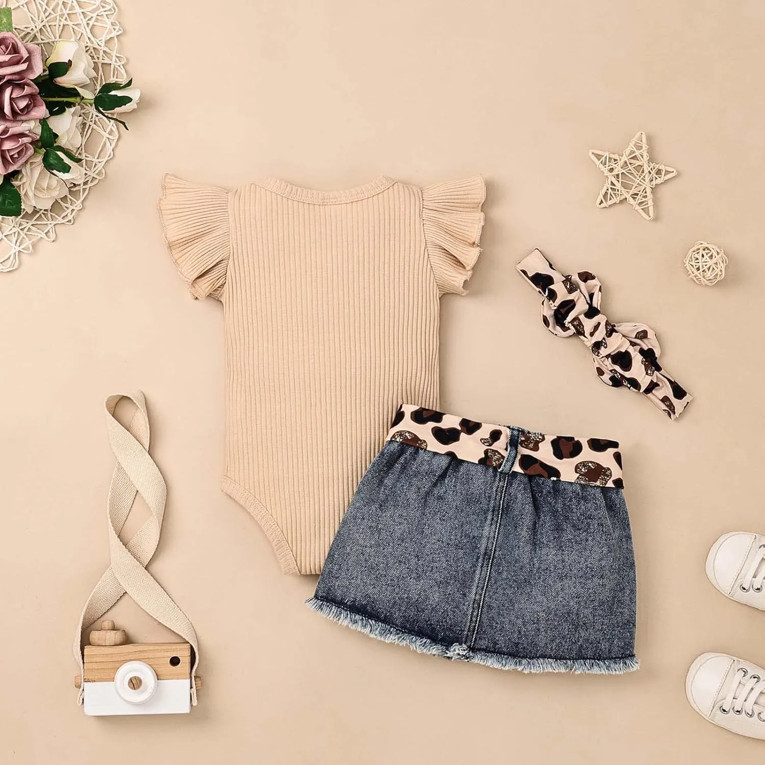 Baby Girl Clothes Newborn Romper Ruffle Sleeve Short Jeans Skirt with Headband Infant Outfits Set 0-18 Months