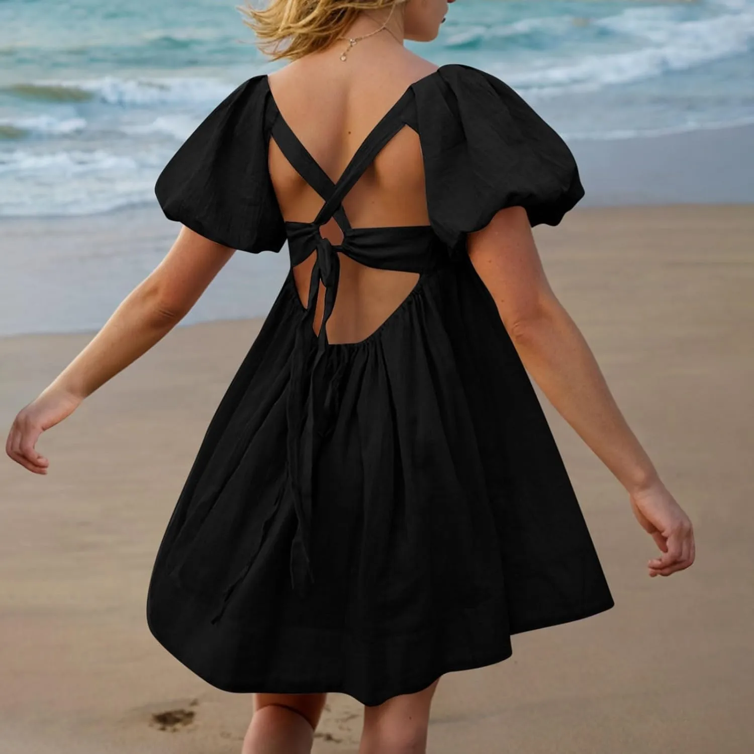 Babydoll Dresses for Women 2025 Cute Puff Short Sleeve Square Neck Tshirt Dress High Waist A Line Dress Mini Dresses
