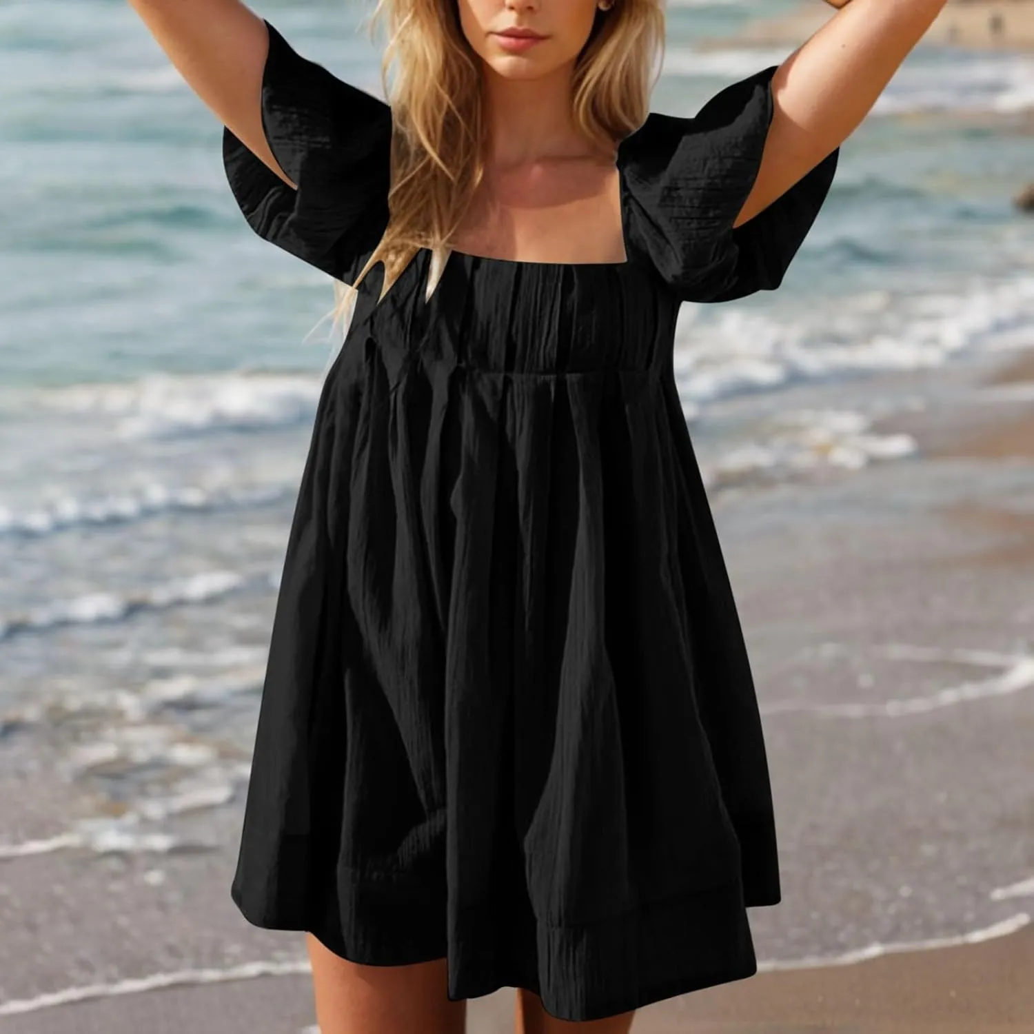 Babydoll Dresses for Women 2025 Cute Puff Short Sleeve Square Neck Tshirt Dress High Waist A Line Dress Mini Dresses