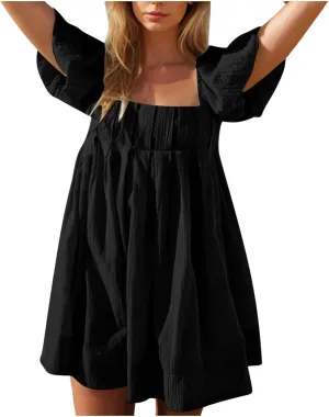 Babydoll Dresses for Women 2025 Cute Puff Short Sleeve Square Neck Tshirt Dress High Waist A Line Dress Mini Dresses