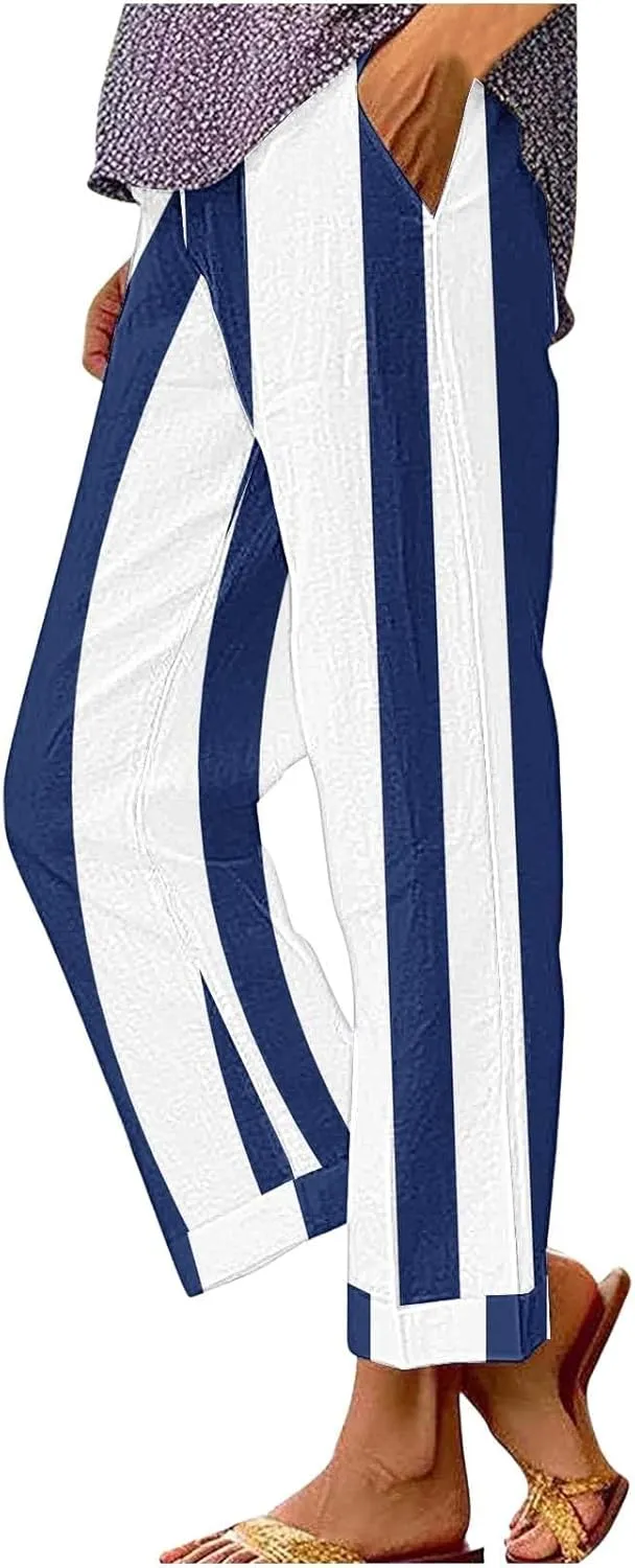 Baggy Harem Elastic Waist Palazzo Cotton Linen Casual Pants Business Work Casual Pants Womens Summer Pants Long