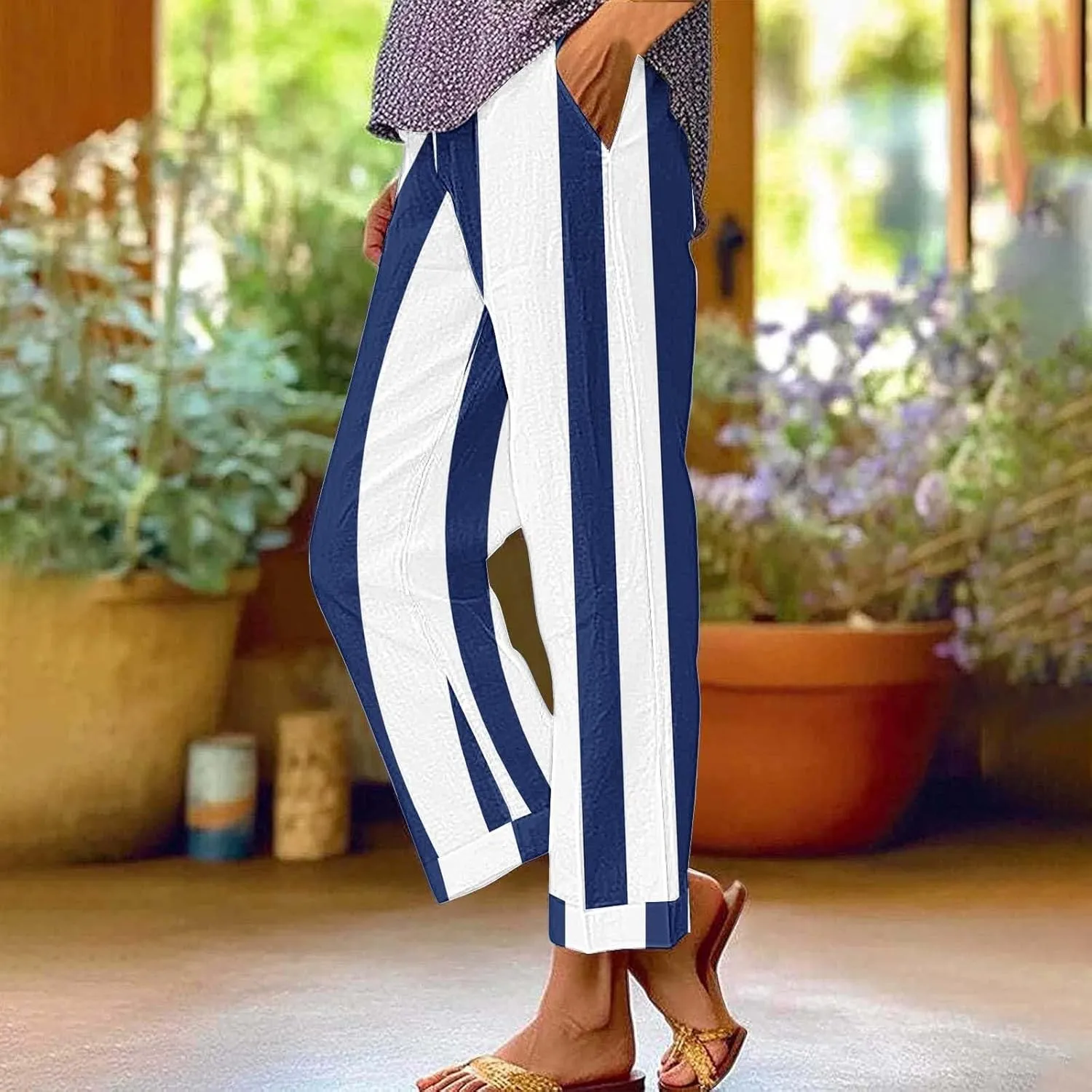 Baggy Harem Elastic Waist Palazzo Cotton Linen Casual Pants Business Work Casual Pants Womens Summer Pants Long