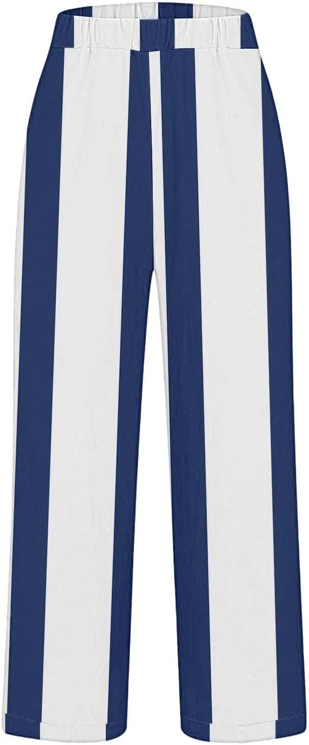 Baggy Harem Elastic Waist Palazzo Cotton Linen Casual Pants Business Work Casual Pants Womens Summer Pants Long
