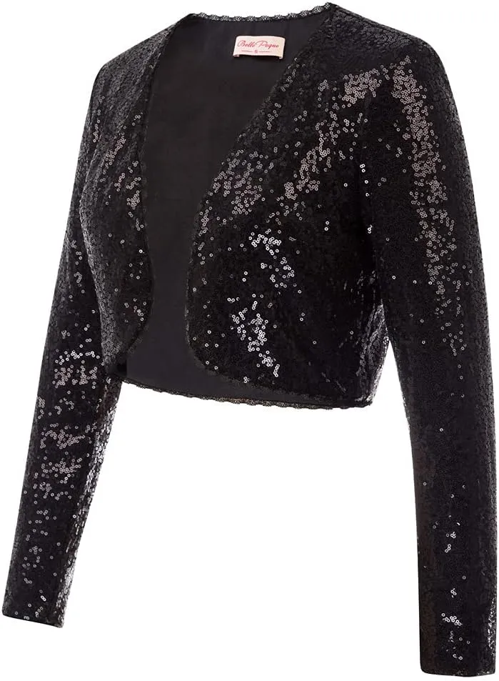 Belle Poque Women's Sequin Jacket Open Front Long Sleeve Sparkly Blazer Bolero Shrugs for Dresses S-XXL