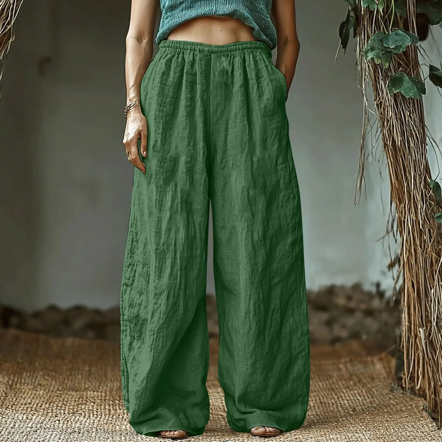 Boho Pants for Women 2025 Summer Wide Leg Linen Pants High Waist Floral Casual Loose Palazzo Trousers with Pockets
