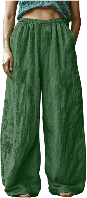 Boho Pants for Women 2025 Summer Wide Leg Linen Pants High Waist Floral Casual Loose Palazzo Trousers with Pockets