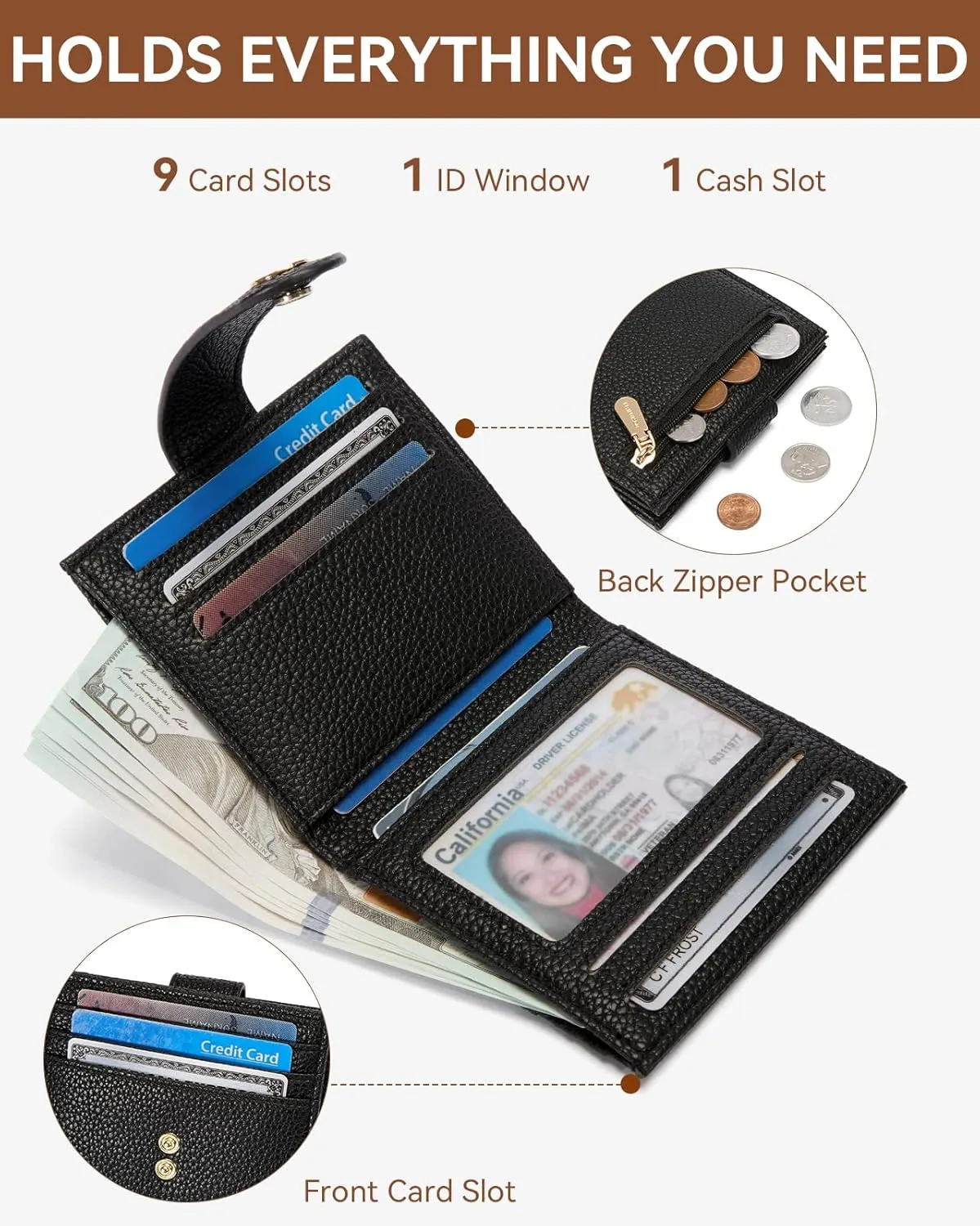 BOSTANTEN Slim Wallet for Women Small RFID Blocking Credit Card Holder Leather Bifold Wallets with Zipper Coin Pocket Black